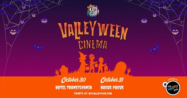 Valleyween Cinema poster with jack-o'-lanterns, bats and silhouetted trick-or-treating kids, listing Hotel Transylvania on October 30