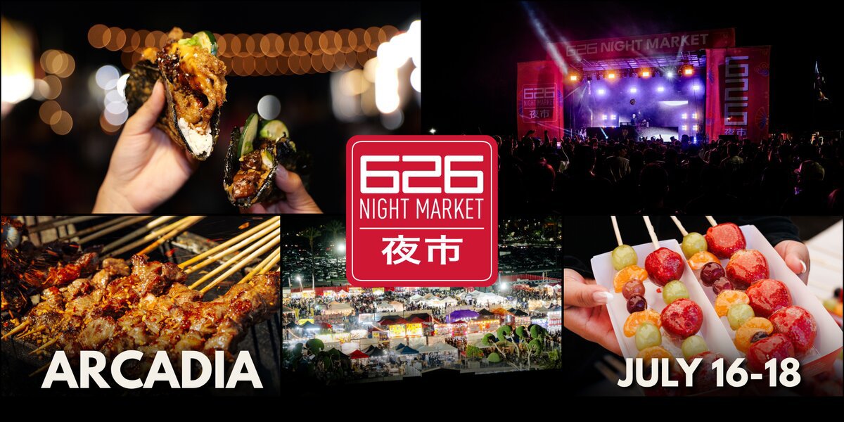 Collage of 626 Night Market scenes: grilled skewers, a hand-roll taco, candied fruit on sticks, a lit stage and a crowded market at night