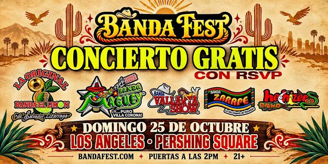 Banda Fest flyer reading Concierto Gratis con RSVP, with logos for Banda El Limon, Banda Maguey, Banda Vallarta Show, Banda Zarape and Hechizeros Band, Sunday October 25 at Pershing Square