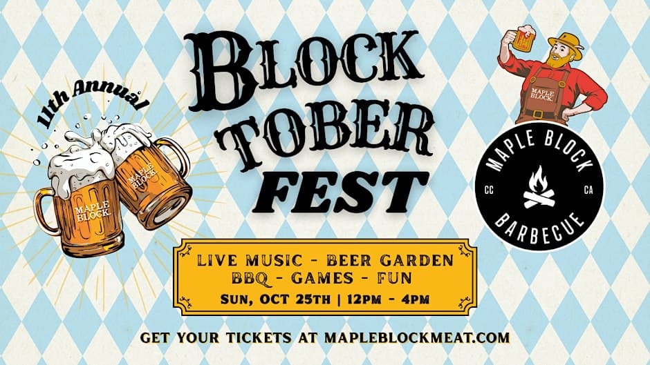 Flyer for the 11th annual BlocktoberFest at Maple Block with beer mugs, blue and white diamond pattern, and Sunday October 25, 12pm to 4pm