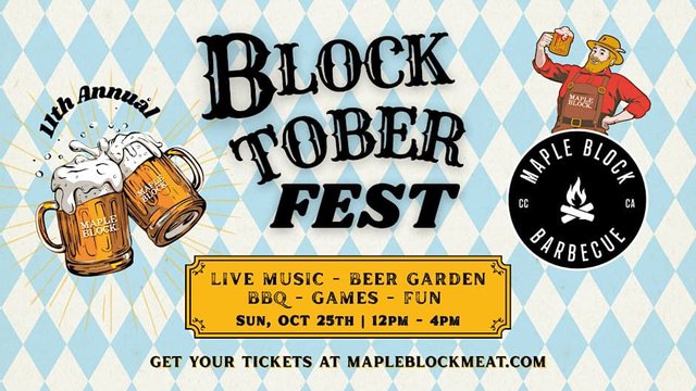 Flyer for the 11th annual BlocktoberFest at Maple Block with beer mugs, blue and white diamond pattern, and Sunday October 25, 12pm to 4pm