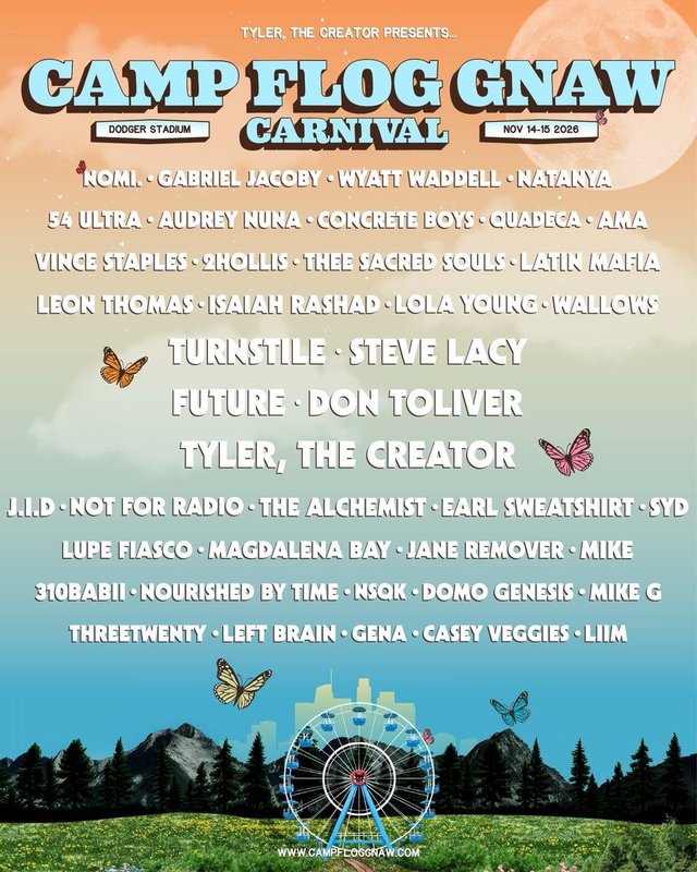 Camp Flog Gnaw Carnival 2026 lineup poster with a Ferris wheel and butterflies under a sunset sky