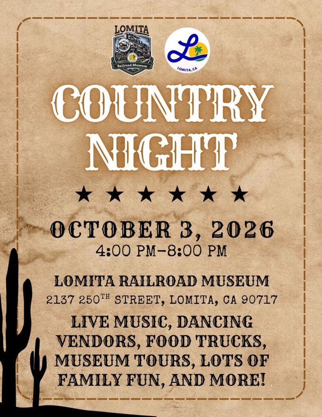 Promotional flyer for Country Night at the Lomita Railroad Museum