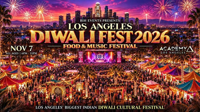 Illustrated festival poster showing a crowd among lit market tents and a stage under fireworks, with the Los Angeles skyline behind