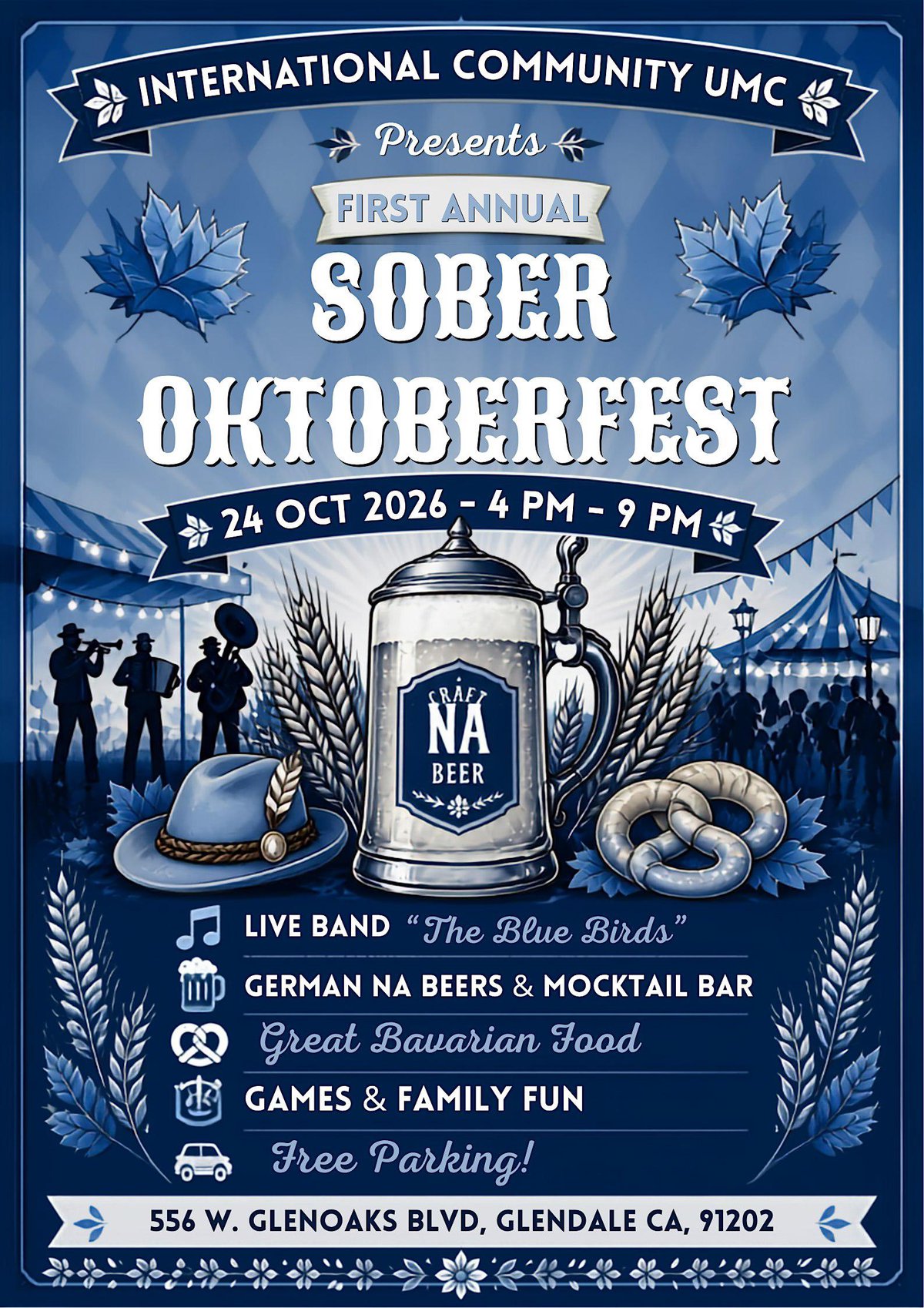 Blue poster for the First Annual Sober Oktoberfest showing an NA beer stein, a pretzel, an alpine hat and a live band, 24 Oct 2026, 4 PM to 9 PM