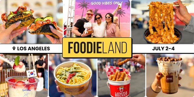 Collage of festival food: stuffed seaweed tacos, noodles, shaved ice, pasta and a coffee drink, around the FoodieLand logo