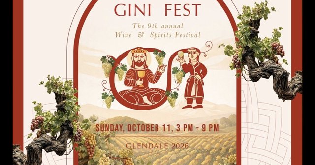 GiniFest 2026 invitation art showing old grapevines, an Armenian-style king raising a goblet, and a vineyard under the festival date