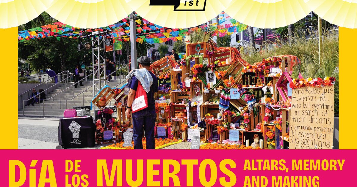 Visitor facing a tall altar of wooden crates, marigolds and candles under papel picado banners at Grand Park, with event title text below