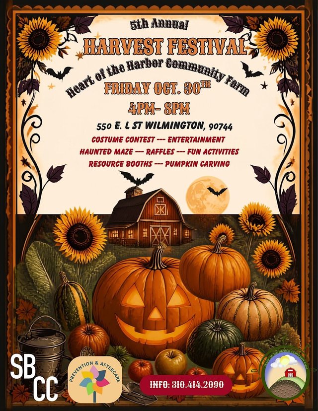 Harvest festival event flyer for Heart of the Harbor Community Farm featuring seasonal imagery and farm details