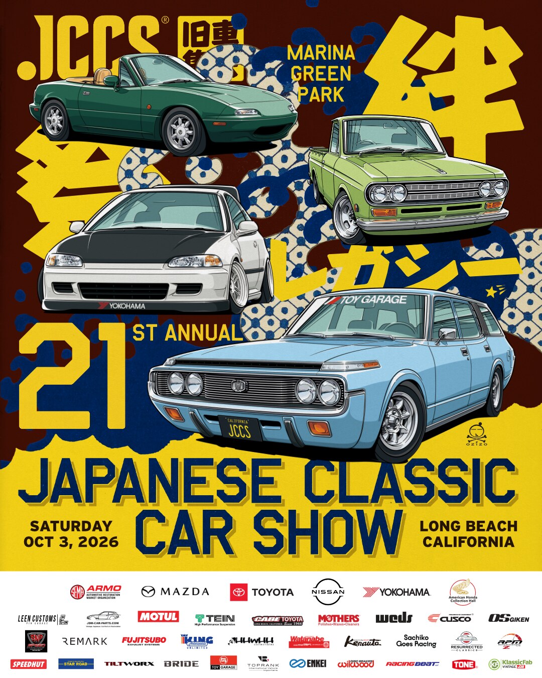 JCCS 2026 poster with illustrated classic Japanese cars, including a green Miata, a Datsun pickup and a light blue Toyota Crown wagon