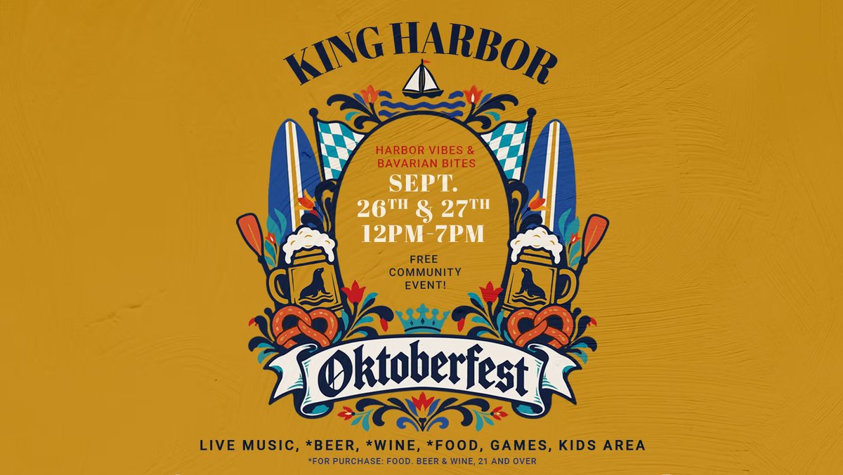 King Harbor Oktoberfest flyer with Bavarian flags, surfboards, beer steins and pretzels framing the Harbor Vibes and Bavarian Bites theme