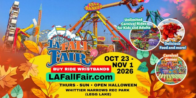 Flyer for the LA Fall Fair showing carnival rides, funnel cake with strawberries and midway games