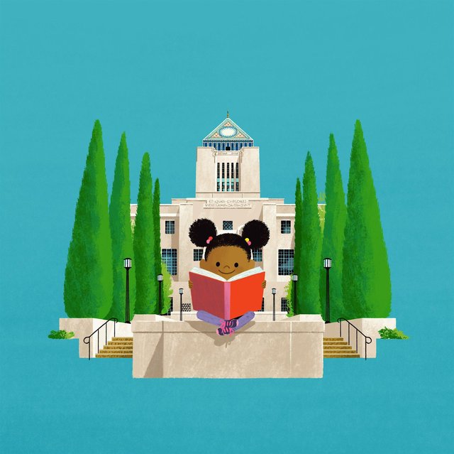 Illustration of a girl reading a red book on the steps of the Los Angeles Central Library, framed by tall cypress trees