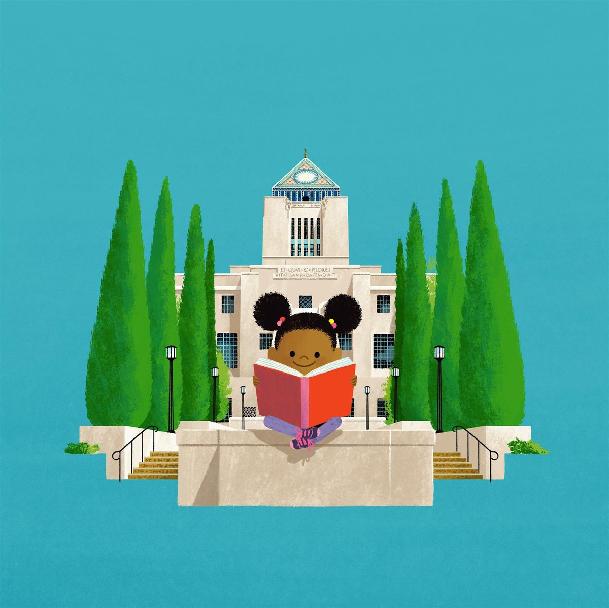Illustration of a girl reading a red book on the steps of the Los Angeles Central Library, framed by tall cypress trees