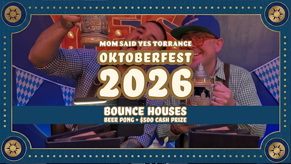 Two men in gingham shirts and suspenders raise beer steins under blue and white Bavarian bunting on the Mom Said Yes Oktoberfest 2026 flyer