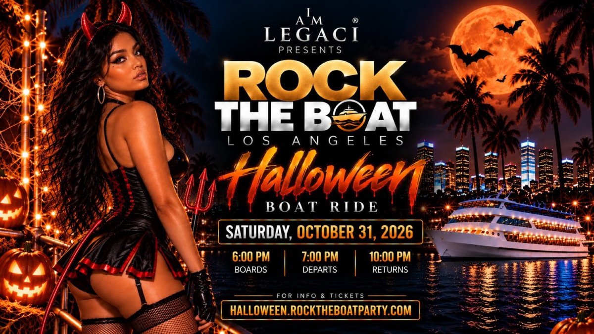 Event flyer for Rock The Boat Los Angeles Halloween Boat Ride showing a costumed woman, a lit party boat, a full moon and the skyline