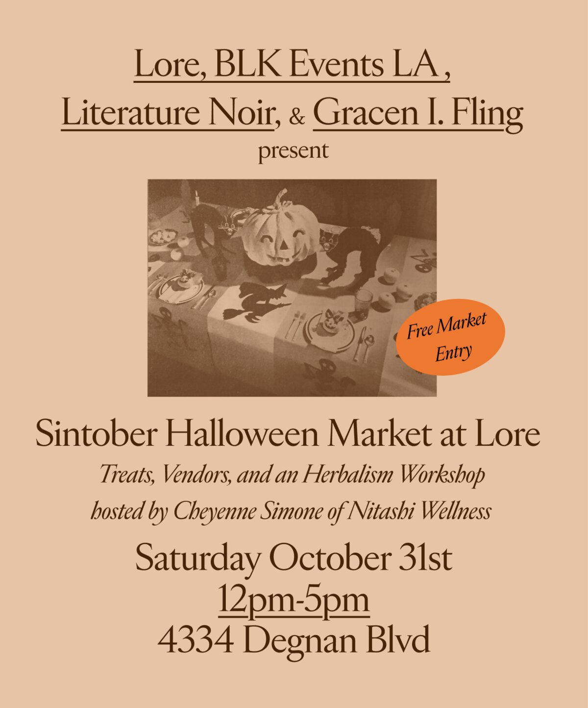 Sepia Halloween flyer showing a jack-o'-lantern, black cats and a witch silhouette on a set table, with the market's date, time and address