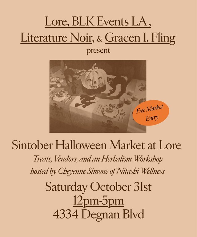 Sepia Halloween flyer showing a jack-o'-lantern, black cats and a witch silhouette on a set table, with the market's date, time and address