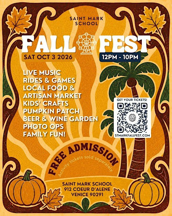 St. Mark Fall Fest 2026 event flyer for the fall carnival at St. Mark School in Venice