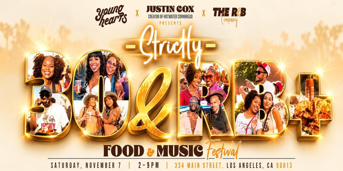 Event flyer for the Strictly 30+ R&B Food and Music Festival with photos of smiling guests and fried food