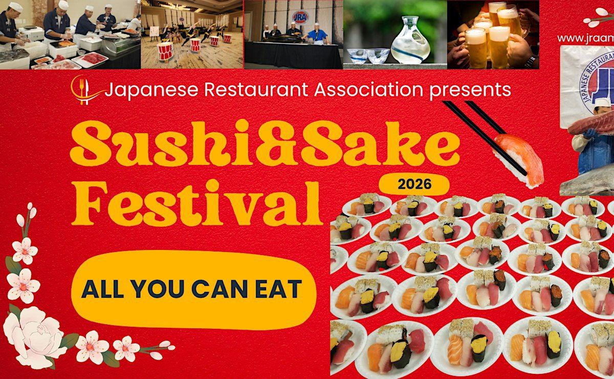 Sushi & Sake Festival 2026 flyer showing plates of nigiri, sushi chefs at work, taiko drummers, a sake carafe and raised beer glasses