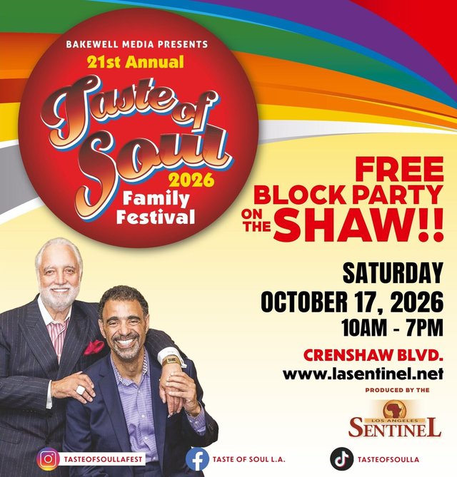 Taste of Soul 2026 flyer in red with rainbow stripes, announcing a free block party on Crenshaw Blvd on Saturday, October 17, 10 a.m. to 7 p.m., with two smiling men in suits and the Los Angeles Sentinel logo
