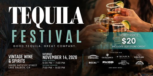 Event flyer for the Tequila Festival showing hands toasting tequila shots with lime wedges, plus the date, sessions and featured brands