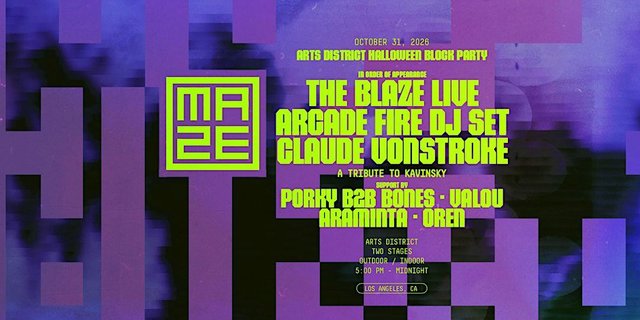 Event flyer for THE MAZE Halloween block party in purple and neon green with the lineup and Arts District details