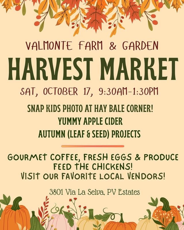 Autumn flyer with fall leaves and pumpkins announcing the Valmonte Farm & Garden Harvest Market on Saturday, October 17