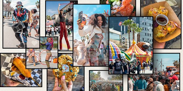 Collage of Vegan Street Fair scenes: street performers on stilts, a boombox dancer, vegan corn dogs and dumplings, a bounce house and crowds on a palm-lined street
