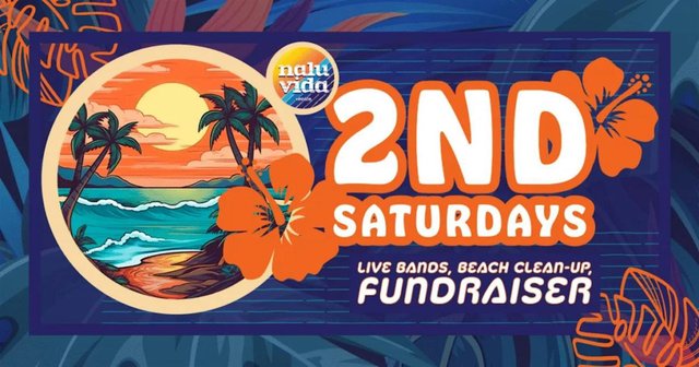 Flyer for Nalu Vida's 2nd Saturdays in Venice showing a cartoon sunset beach with palm trees, hibiscus flowers and the words live bands, beach clean-up, fundraiser