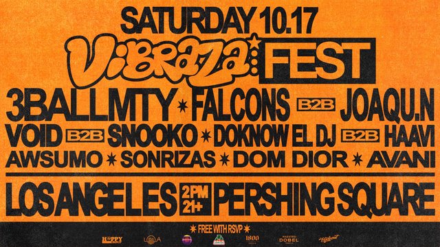 Colorful VIBRAZA Fest event poster featuring 3BALLMTY and FALCONS b2b JOAQU.N at Pershing Square