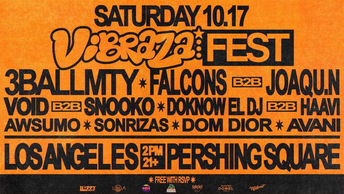 Colorful VIBRAZA Fest event poster featuring 3BALLMTY and FALCONS b2b JOAQU.N at Pershing Square