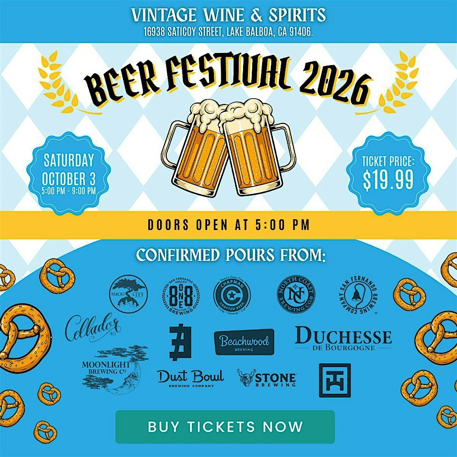 Beer Festival 2026 flyer for Vintage Wine & Spirits showing two clinking beer steins, pretzels and logos of the confirmed breweries