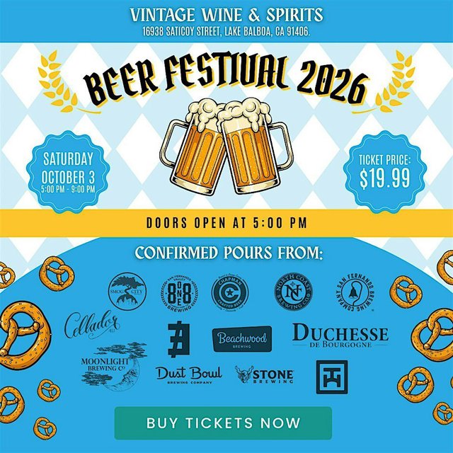 Beer Festival 2026 flyer for Vintage Wine & Spirits showing two clinking beer steins, pretzels and logos of the confirmed breweries