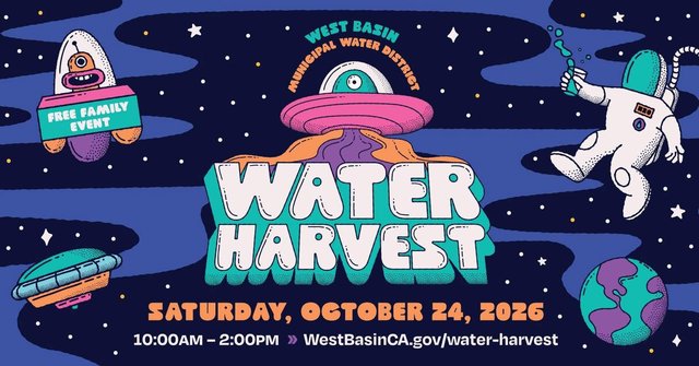 Illustrated flyer with an astronaut, flying saucers and the words Water Harvest on a starry night sky