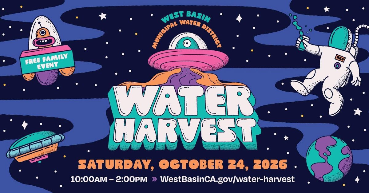 Illustrated flyer with an astronaut, flying saucers and the words Water Harvest on a starry night sky