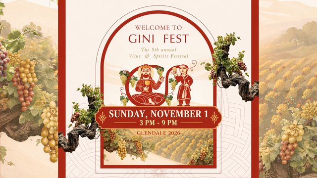 Red and cream GiniFest flyer with grapevines, a stylized Armenian figure pair and the date Sunday, November 1, 3 PM to 9 PM