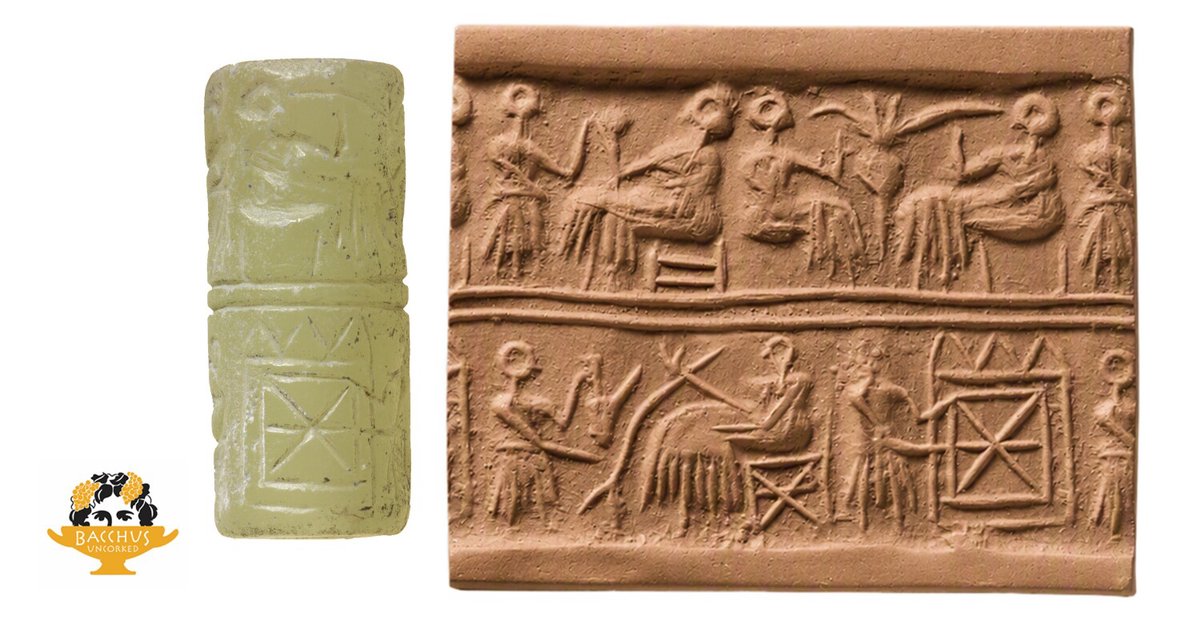 Sumerian cylinder seal impression showing seated figures drinking beer through straws at a banquet
