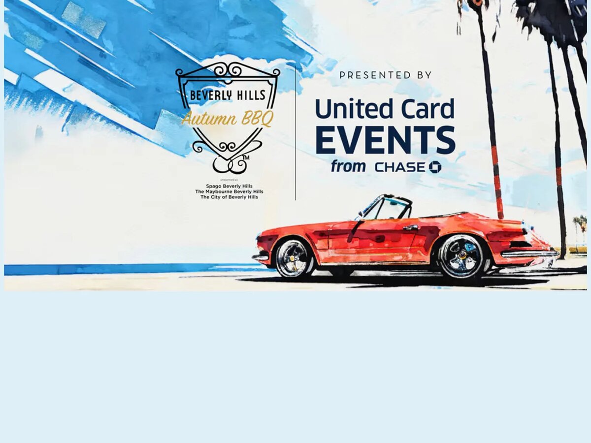 Watercolor event artwork with the Beverly Hills Autumn BBQ crest, a red convertible and palm trees
