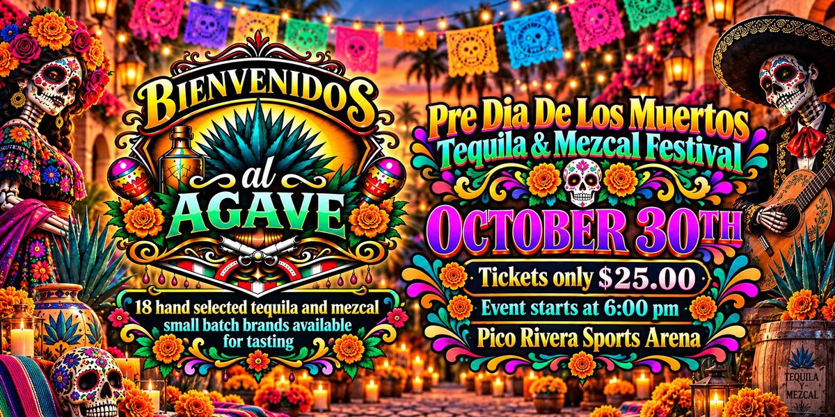 Bienvenidos al Agave festival flyer with sugar skull figures, marigolds and papel picado banners over a candlelit street