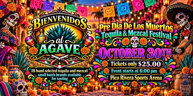 Bienvenidos al Agave festival flyer with sugar skull figures, marigolds and papel picado banners over a candlelit street