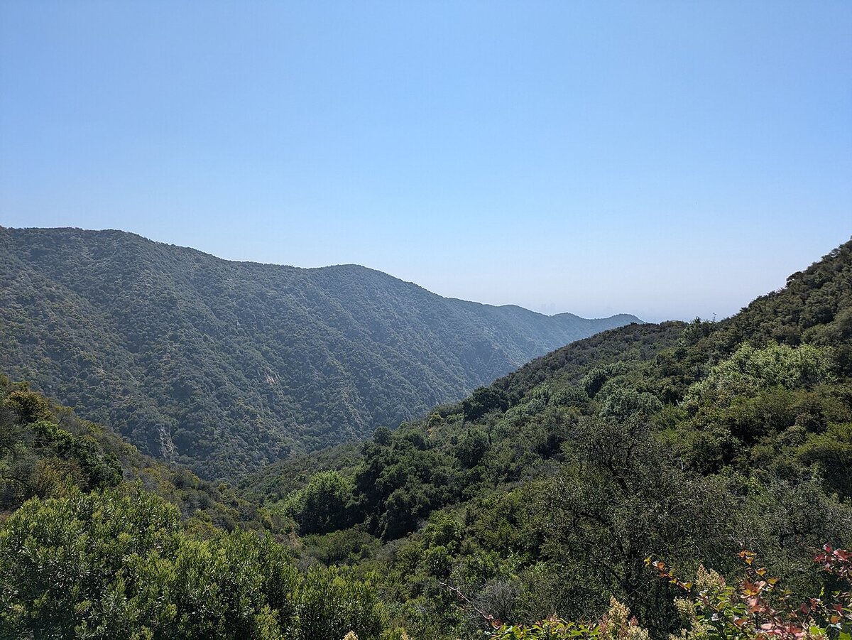 Forested ridgelines and a hazy valley seen from a viewpoint in Topanga State Park