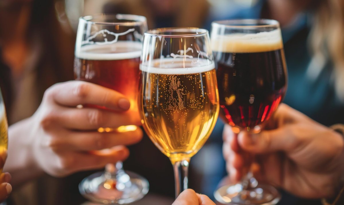 Three hands raising glasses of amber, golden and dark beer together in a toast