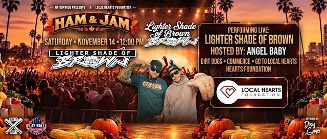 Event flyer for Ham & Jam showing Lighter Shade of Brown, a festival crowd and autumn pumpkins and corn