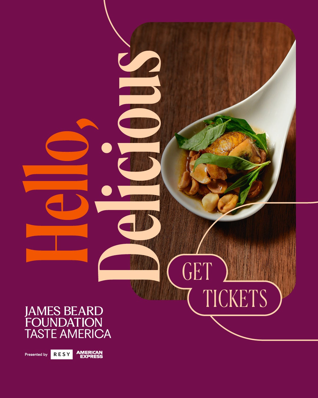 Taste America flyer with a porcelain spoon of braised chicken, peanuts and basil on a wood board, lettered Hello, Delicious on a plum background