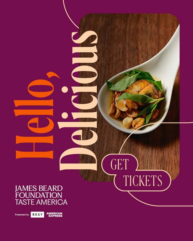 Taste America flyer with a porcelain spoon of braised chicken, peanuts and basil on a wood board, lettered Hello, Delicious on a plum background