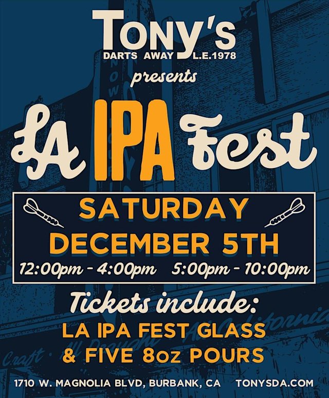 Blue and orange event flyer for LA IPA Fest at Tony's Darts Away, listing Saturday December 5 and the venue address