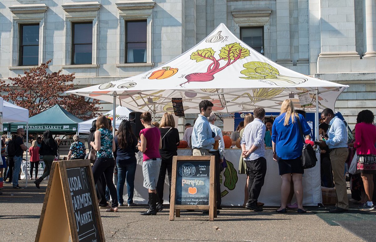 Shoppers queued at a white canopy stall painted with beets and a pumpkin, beside a chalkboard farmers market sign
