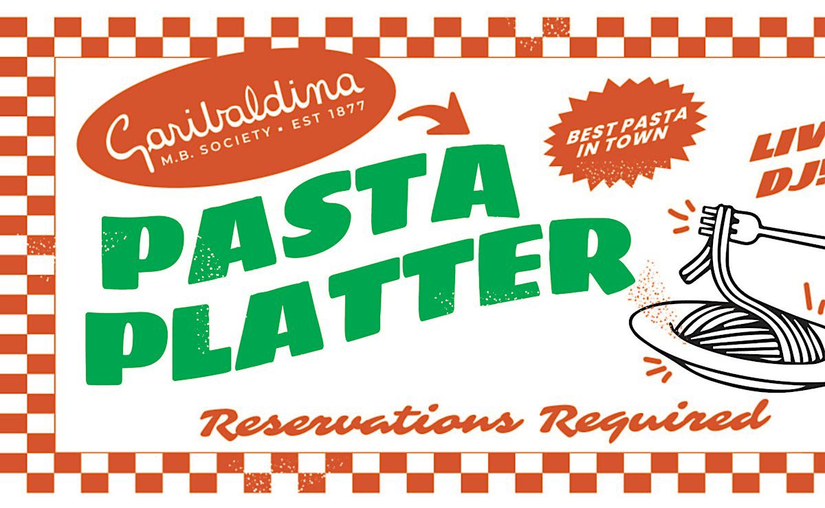 Red and white checkerboard flyer reading Pasta Platter with a fork twirling spaghetti and the Garibaldina M.B. Society logo